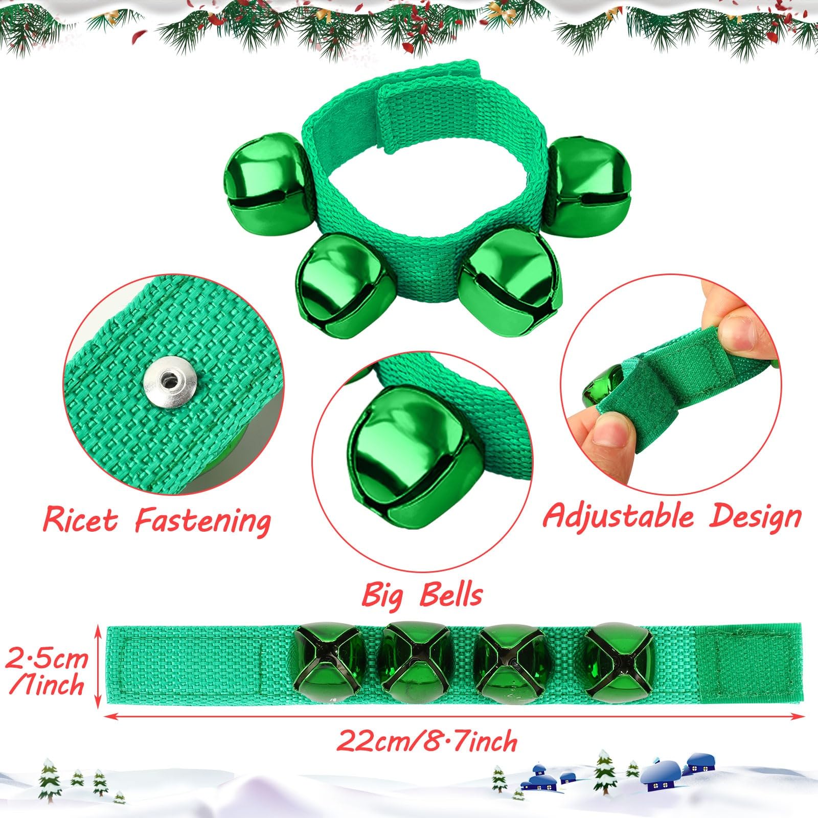 Augshy 2 Packs Wrist Bells, Wrist Bells Bracelets Jingle Bells Adjustable Hand Ankle Bells Musical Instruments for Christmas Party Favors,: All Green