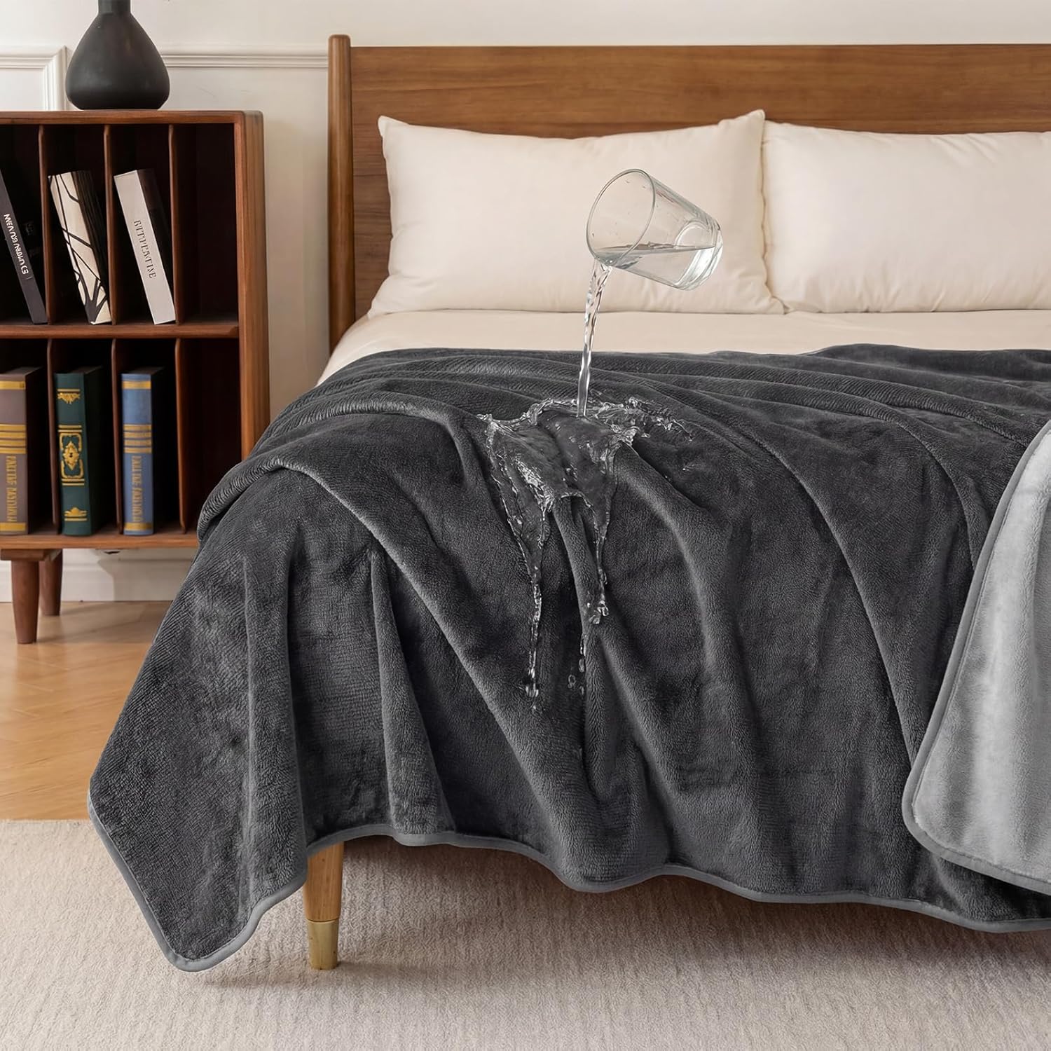 Deep Dream Waterproof Blanket for Bed, King Size Reversible Soft Flannel Blanket Washable, Leakproof Throw Bed Blanket Dog Blanket Furniture Protector(80"x90", Dark Grey/Silver Grey)