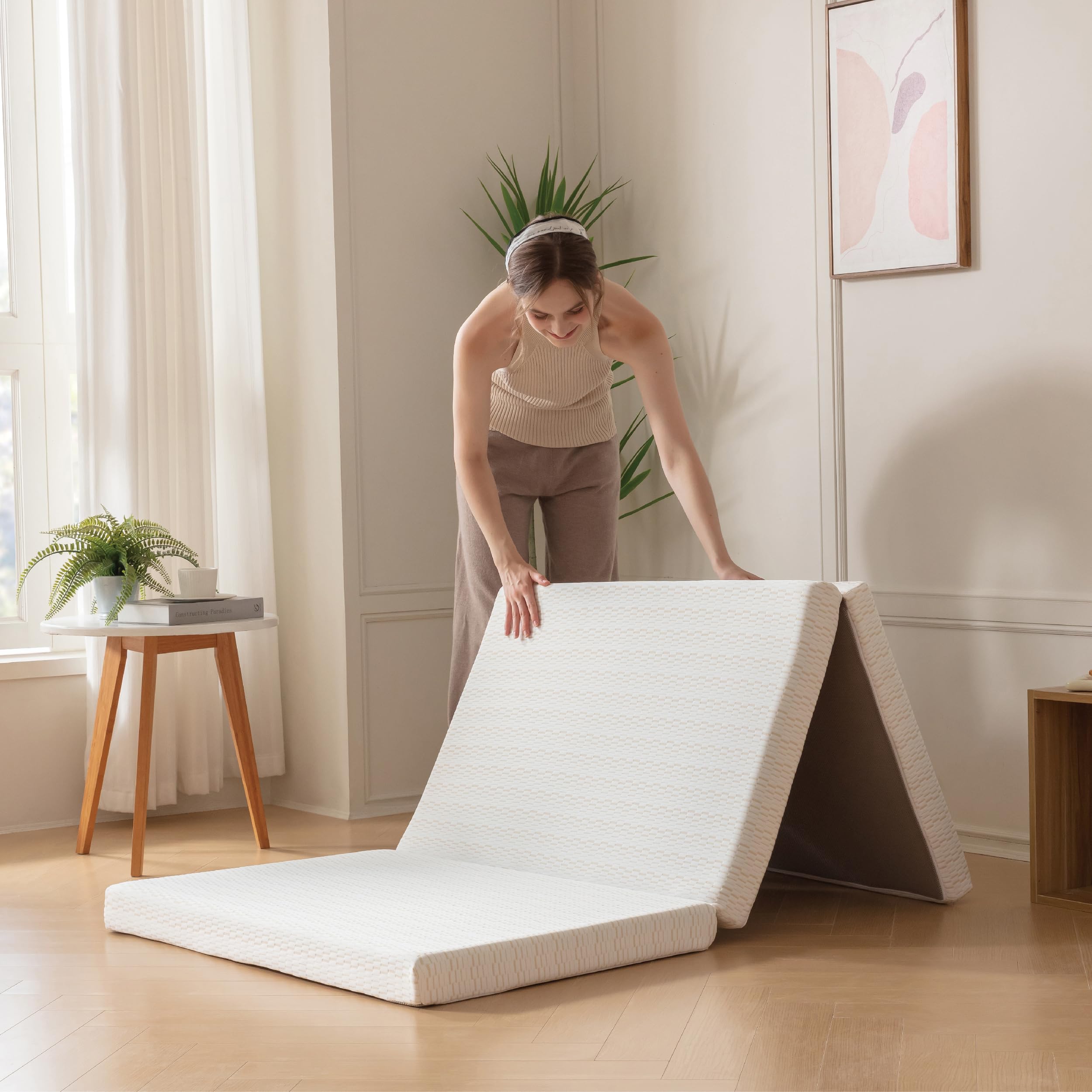 Dyonery Folding Mattress, 4 Inch CertiPUR-US Certified Twin XL Portable Trifold Memory Foam Mattress with Washable Cover, Foldable Guest Bed, Travel