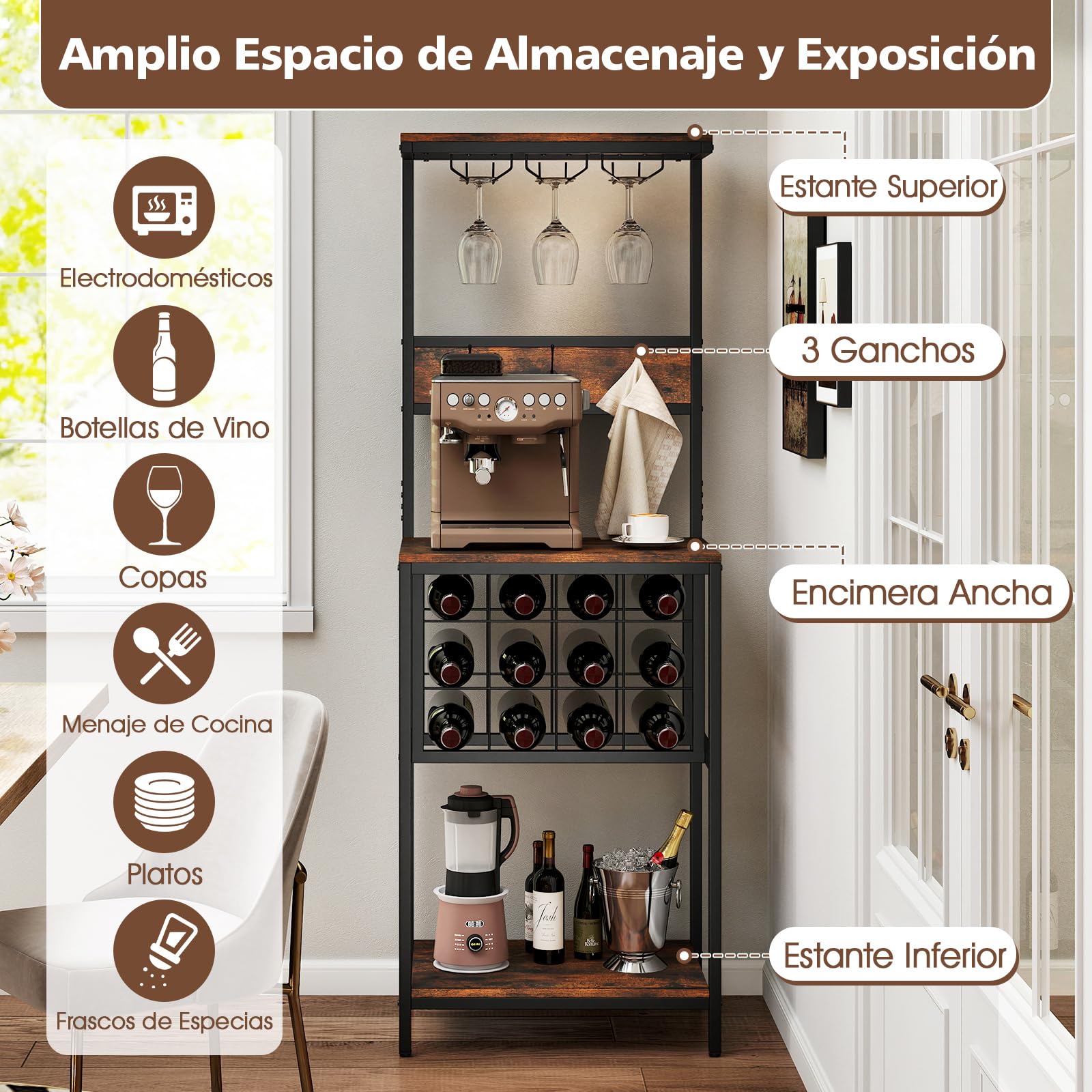 GOPLUS Estante de Vino Metálico, Armario de Licores Independiente Estilo Industrial con Estante Superior, 3 Ganchos, Amplio Tablero de Trabajo y Estante Inferior, Armario de Bar con Soporte
