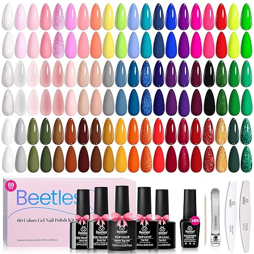 Beetles Gel Nail Polish Set, 60 Colors Neon Gel Polish Kit Jelly Glitter Nude Pink White Red Blue Green Brown Summer Color Nail Polish Base &Glossy Matte Top Coat Gift for Her Women - 0-60 Colors Perfect Gel Nail Polish Set