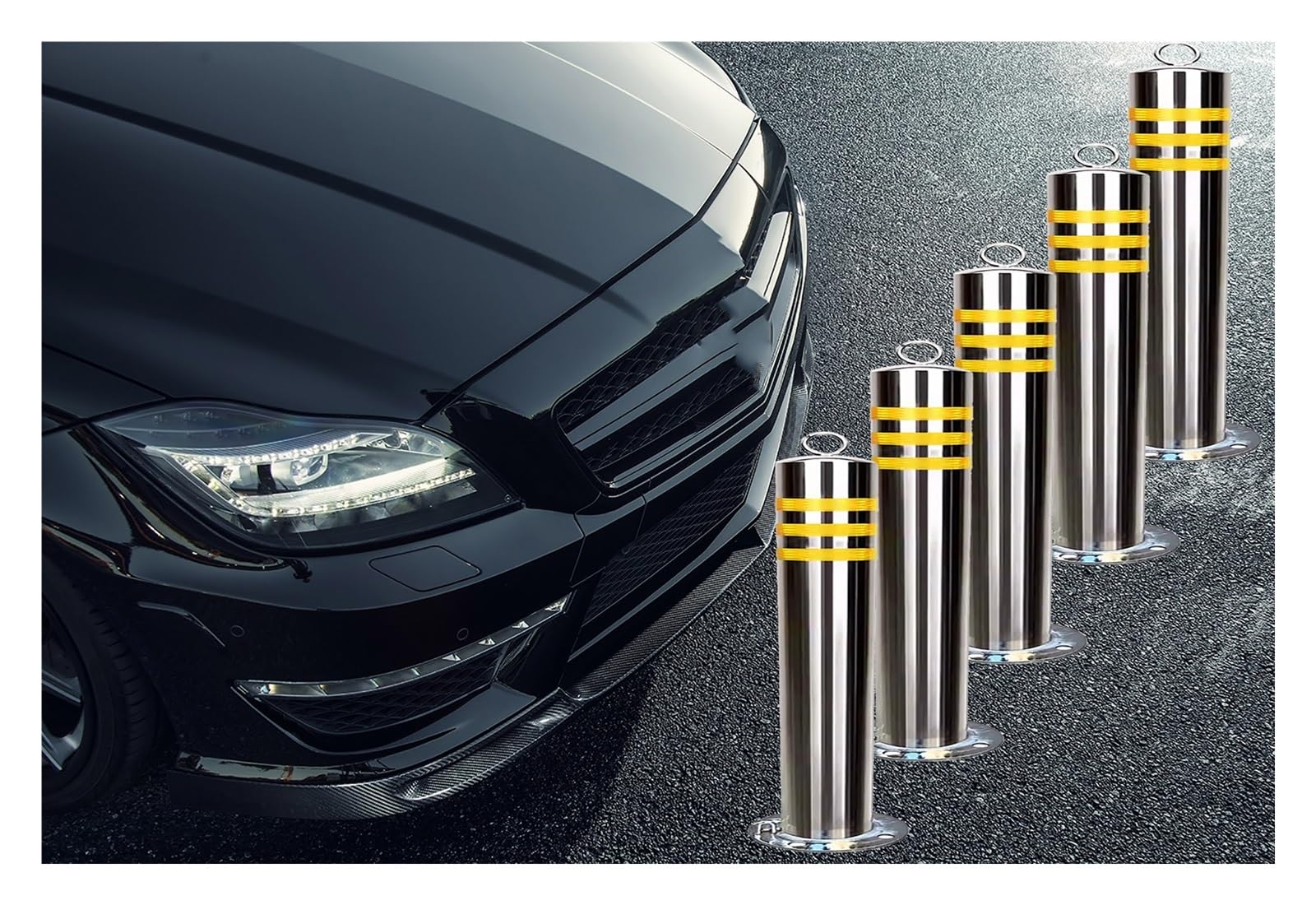 Detachable Safety Bollard Post Parking Barrier, Traffic Delineator Post with Reflective Strips and Hanging Ring, 26 32 in Stainless Steel Parking Bollards for Driveway/ Streets(5pack,25.6in/H65cm)