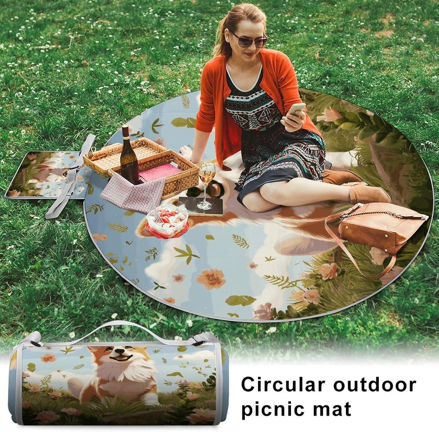 Lovely Corgi Picnic Mat Lightweight Waterproof Picnic Blankets Extra Large Picnic Outdoor Blankets Foldable Sandproof Beach Blanket for Park Beach Camping Courtyard 58.3''x58.3''