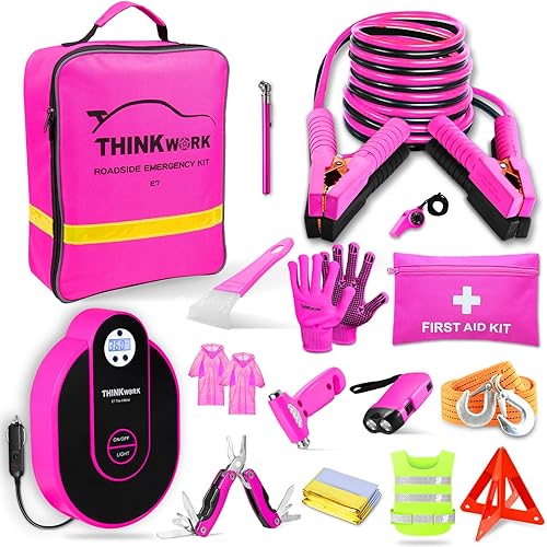 THINKWORK Kit de emergencia de coche para regalos de adolescentes y damas, kit de asistencia de emergencia rosa en carretera con compresor de aire