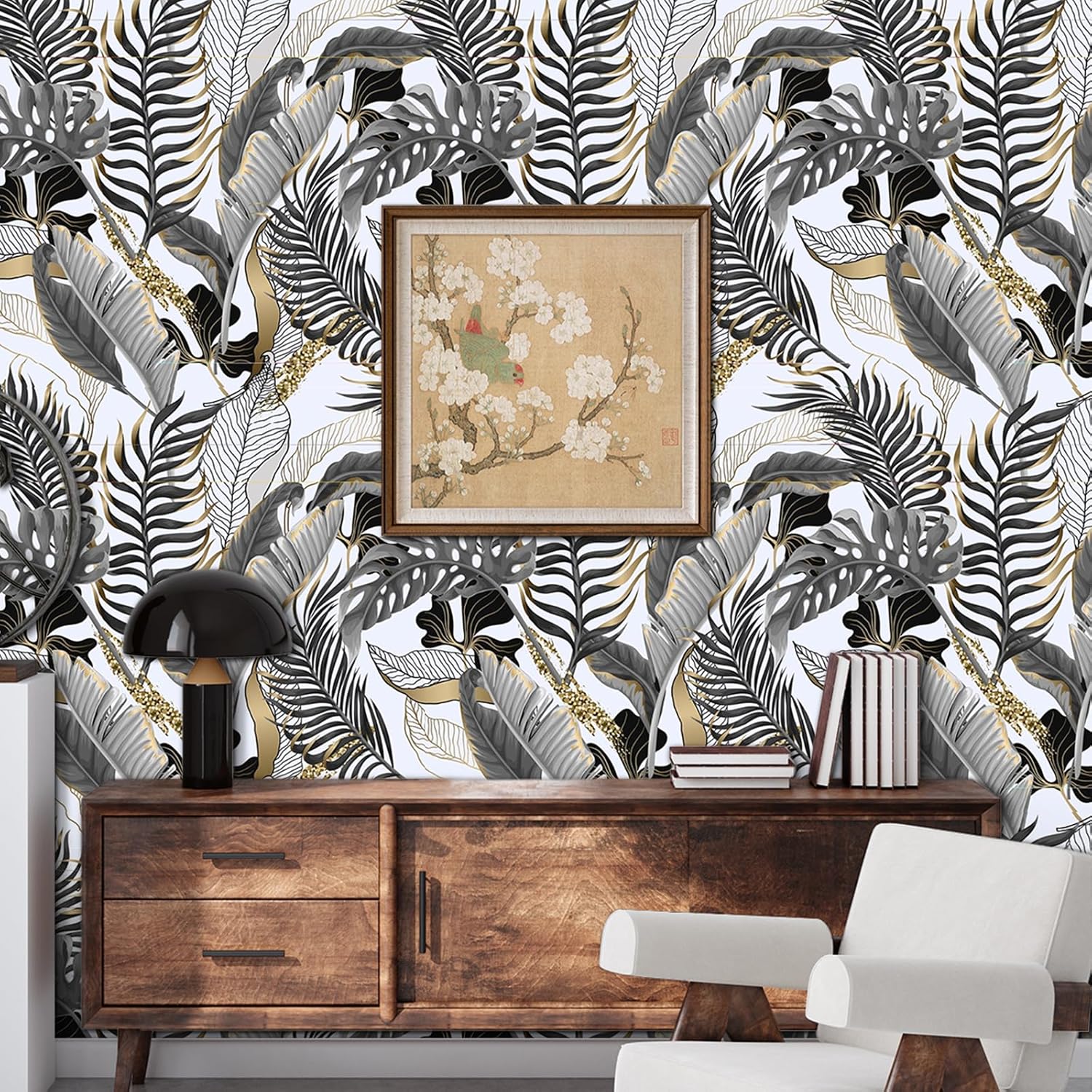 Modern Black/Gray/Gold Peel and Stick Wallpaper Tropical Leaf Self Adhesive Waterproof Contact Paper Removable Decorative Vinyl Wallpaper for Living Room Bedroom Cabinets 17.71" X 118.1"