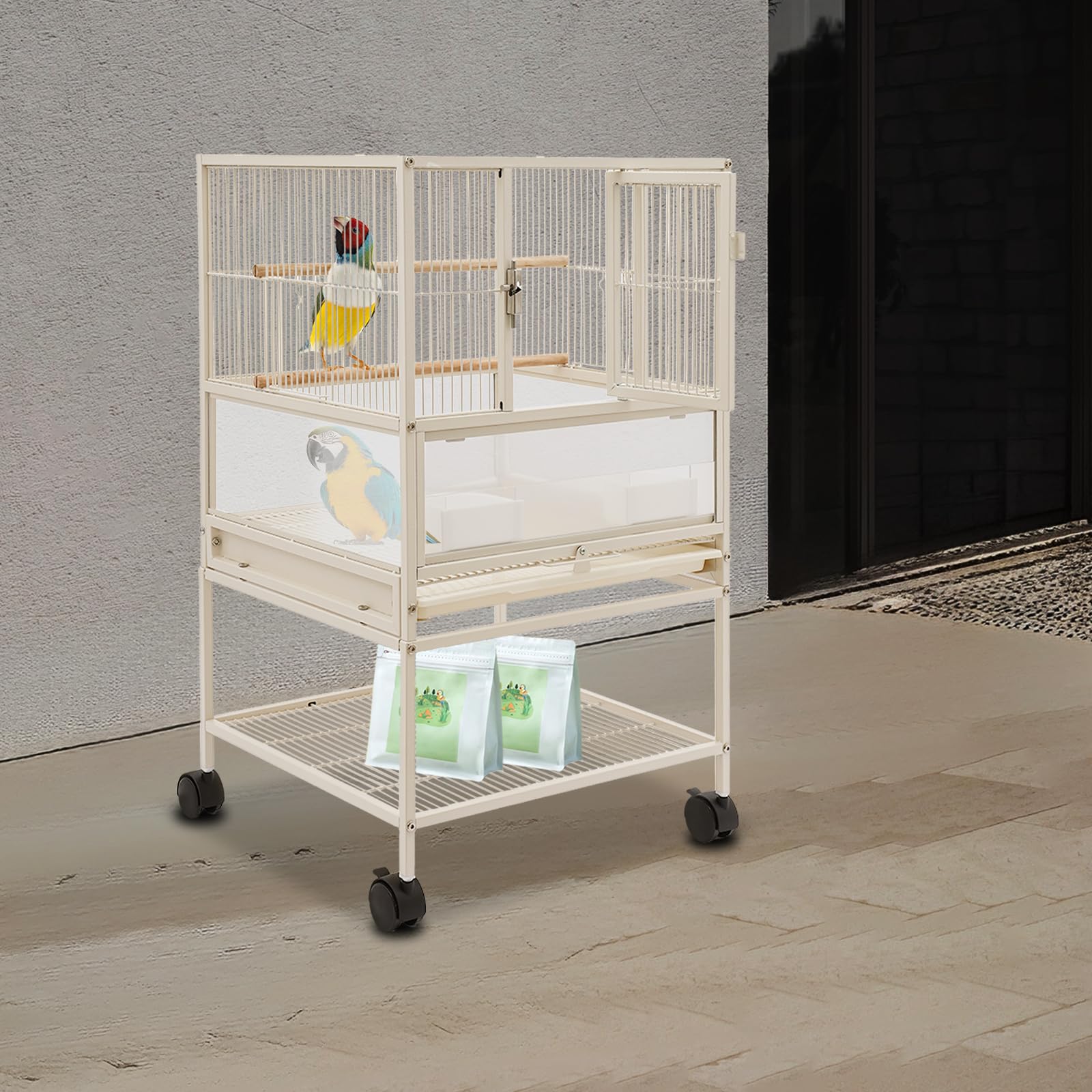 Jaula para periquitos, jaula para loros, jaula de pájaros, jaula de pájaros, con 4 ruedas, 2 comederos y 1 diagrama de instalación para pájaros pequeños y medianos como periquitos y ninfas