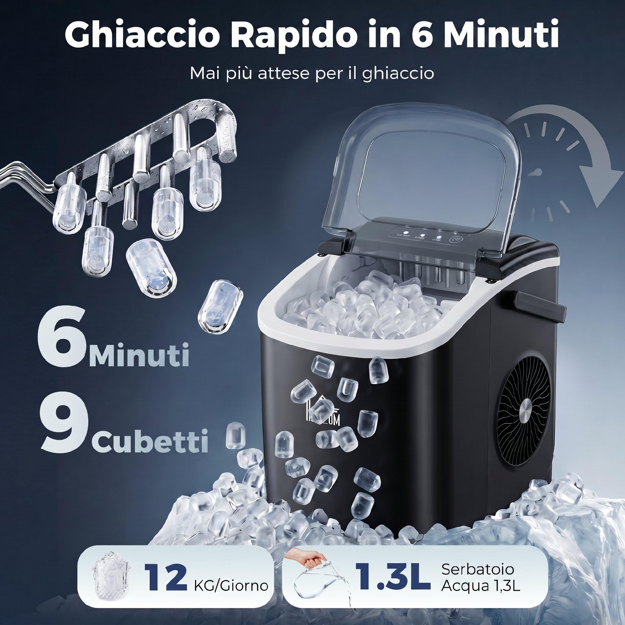HOMCOM Macchina del Ghiaccio 12kg/24h, 9 Cubetti in 6-12 Minuti in PP e Rame con Cestello e Paletta, 23.8x30.5x29 cm, Nero