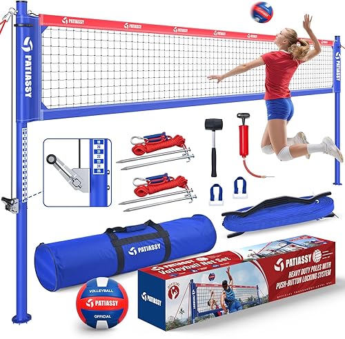 Juego de red de voleibol profesional portátil para exteriores con postes de aluminio de altura ajustable, sistema de cabrestante, voleibol con bomba