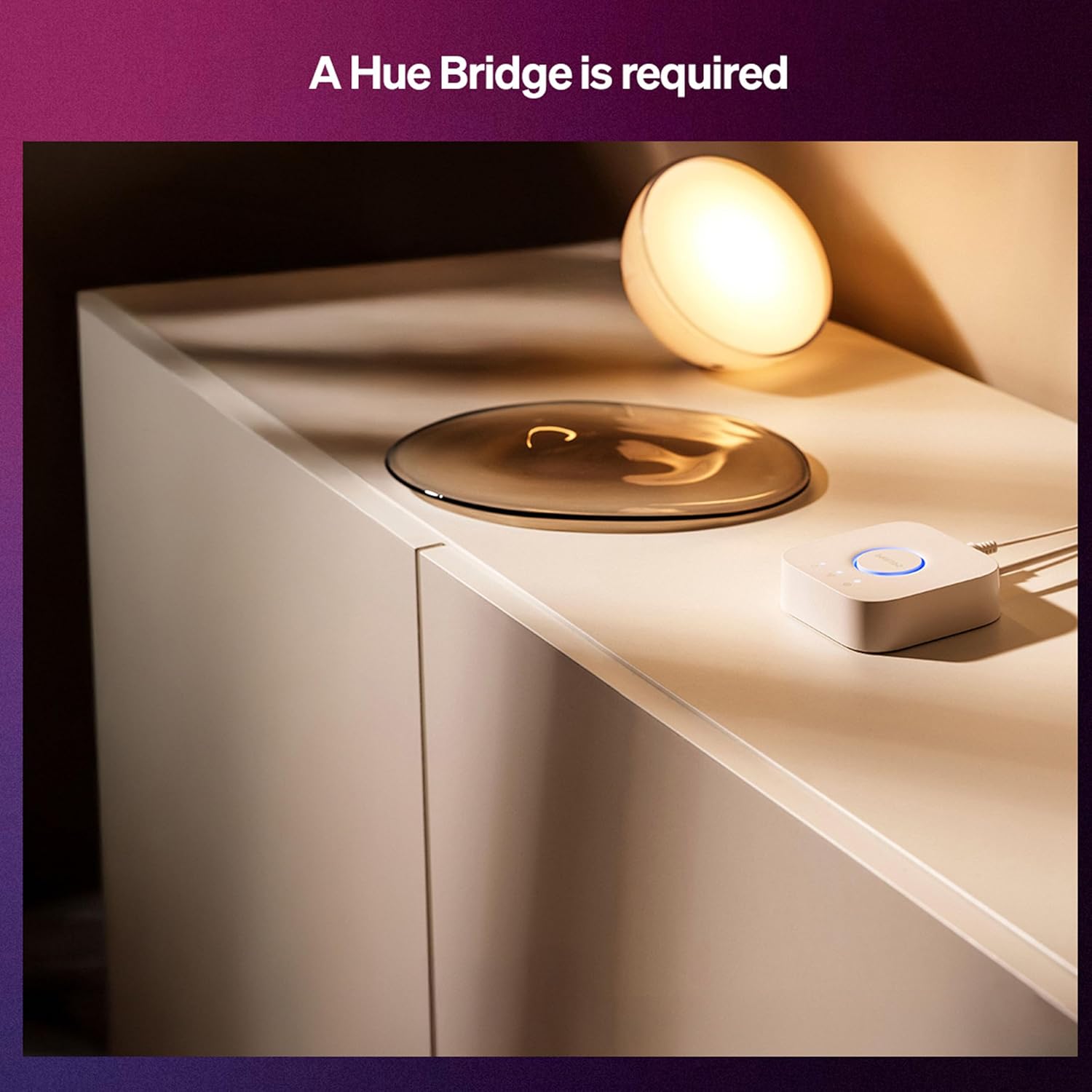 Philips Hue Bridge connected to power and network.