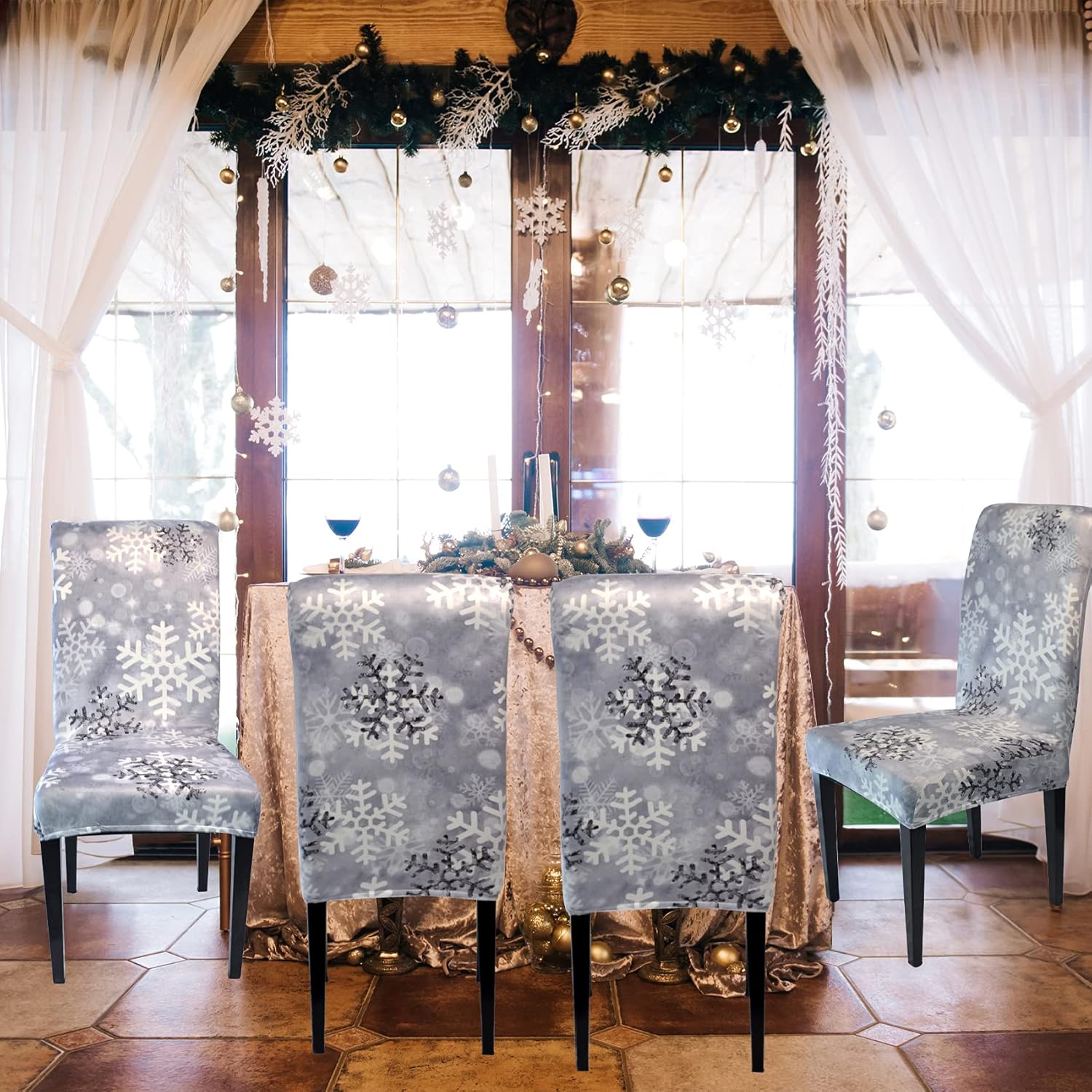 beifivcl Christmas Snowflakes Chair Covers Set of 6, Xmas Dining Chair Back Covers, Xmas Chair Slipcovers Protector Decoration, Removable and Washable, Xmas Kitchen Decor/Restaurant Party Home Decor