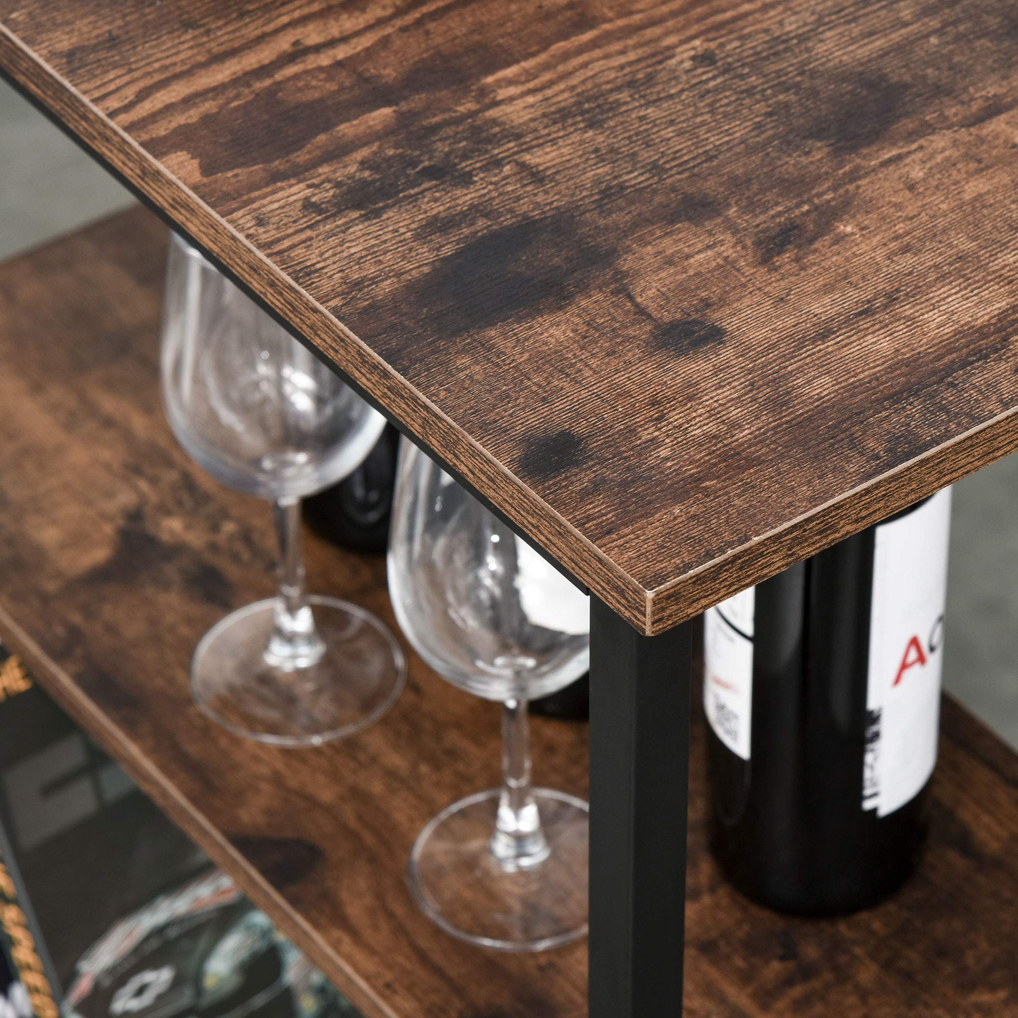 HOMCOM Set de Mesa de Bar y 2 Taburetes 109x60x100 cm Marrón Rústico | Mesa Alta, Reposapiés, Estantes de 3 Niveles, Almohadillas Ajustables, Cocina Comedor