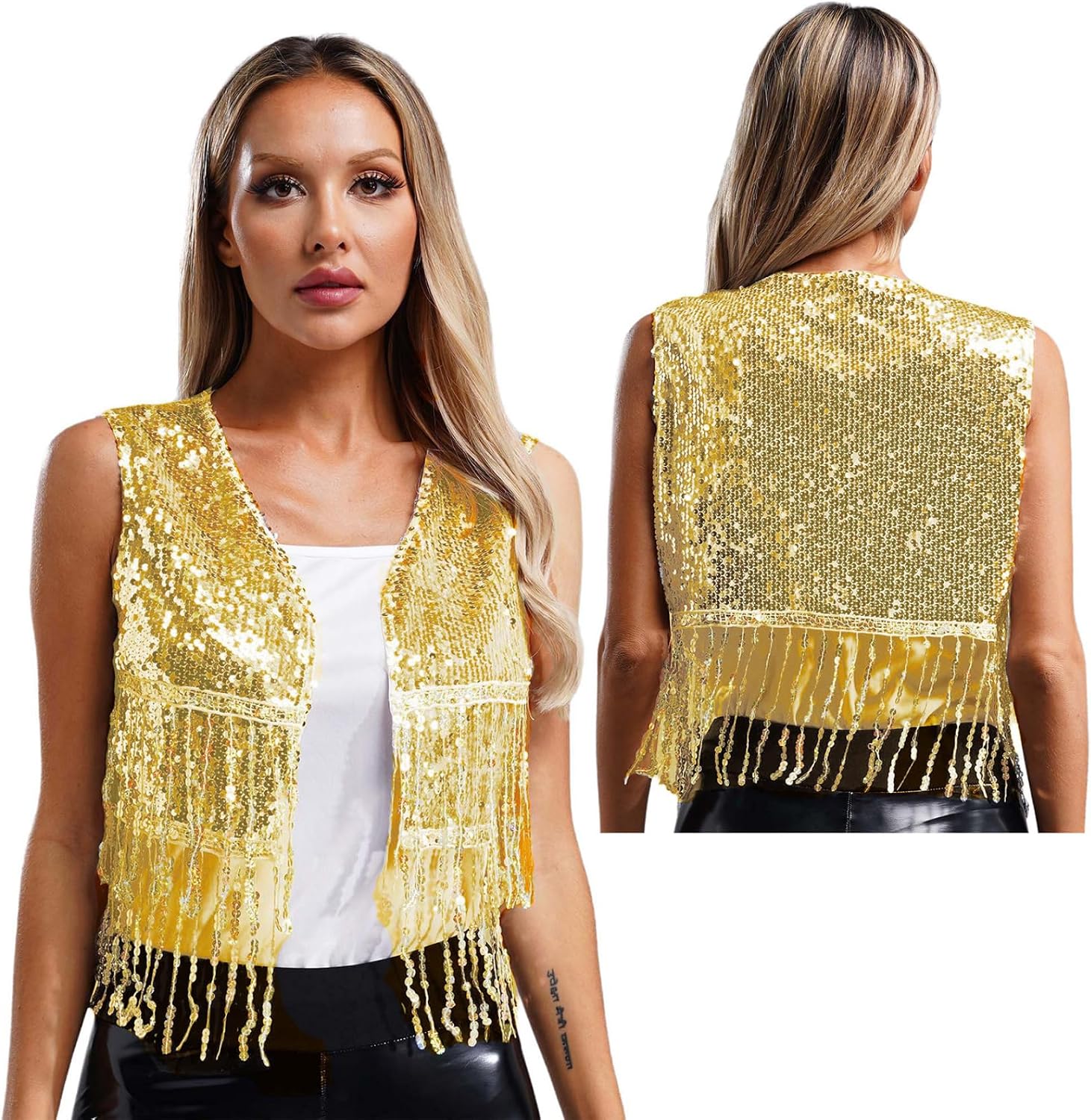 Womens Sequins Sleeveless Vest Jacket Tassel Choir Jazz Dance Stage Performance Costume