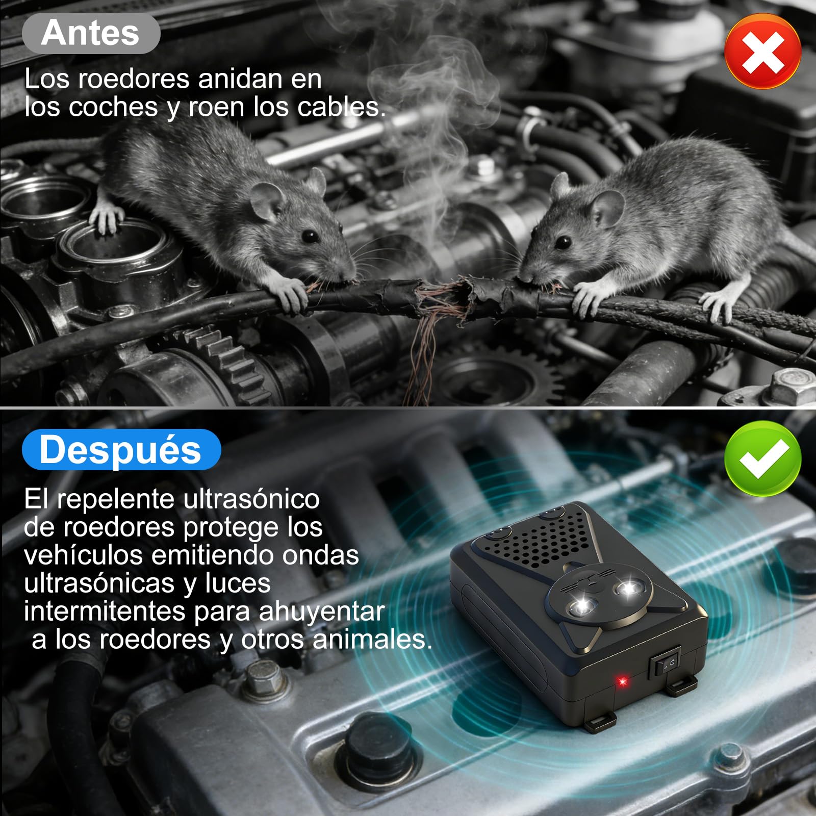 Ultrasónico Ahuyentador de Ratas para Coche con Flash, 3 Modos de Carga, Ahuyentador de Martas para Coche para Aticos, Hogar, Jardín y Automóviles