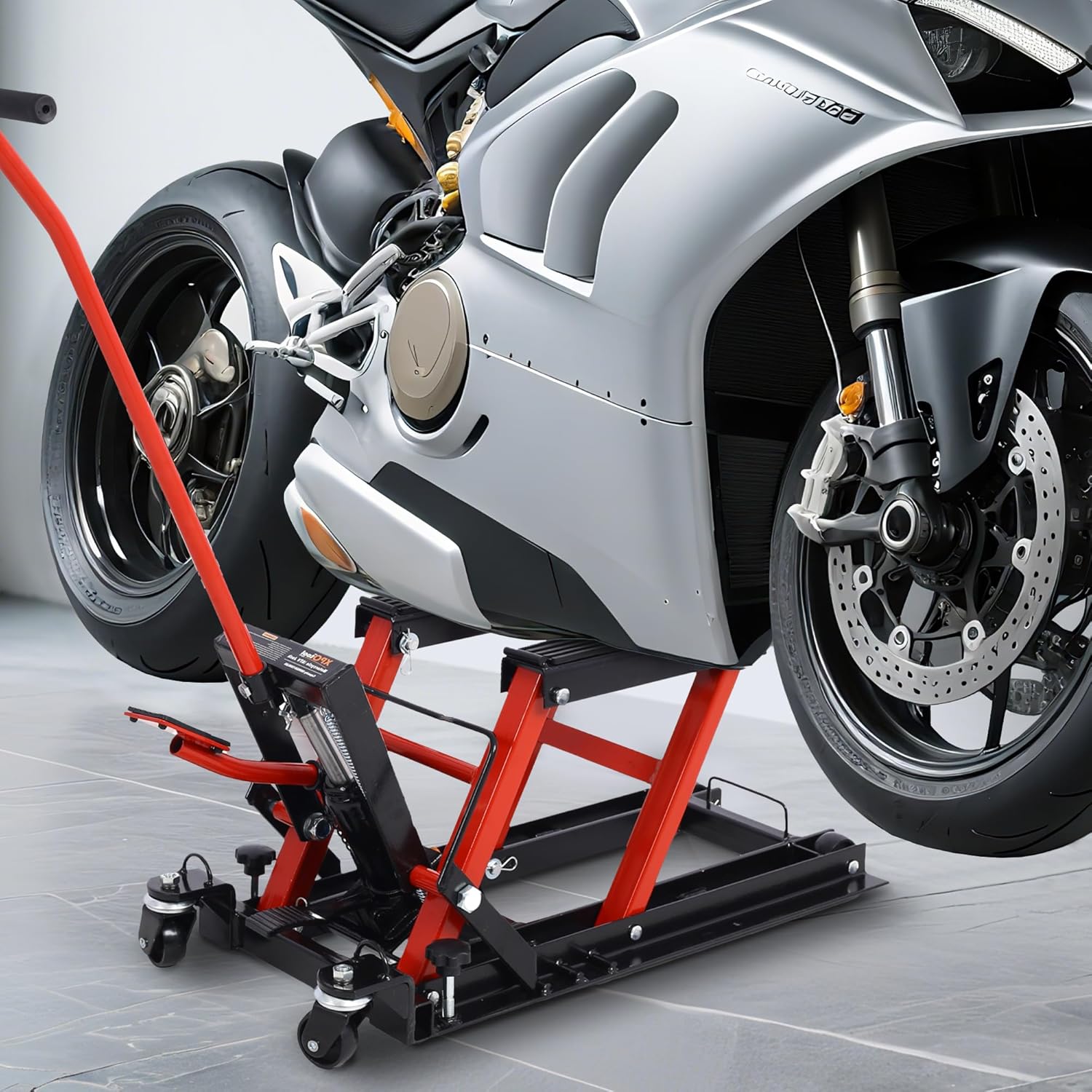 1500LBS Hydraulic Motorcycle Lift Jack, Foot-Operated ATV Scissor Lift Table with 4 Wheels & Tie-Down Straps, Portable Hoist Stand for Motorcycle/ATV/UTV, Red
