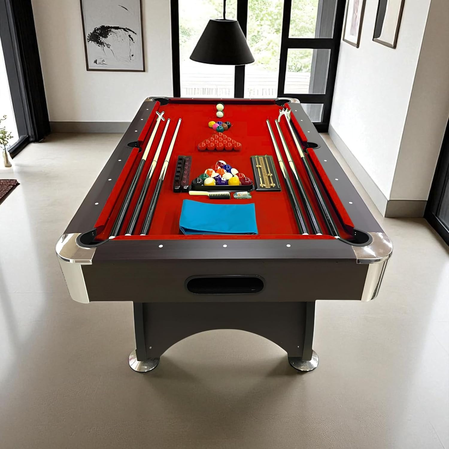 7 Foot Pool Table – Modern Billiard Table with Red Felt, Ball Return and Accessories Included - Red Devil