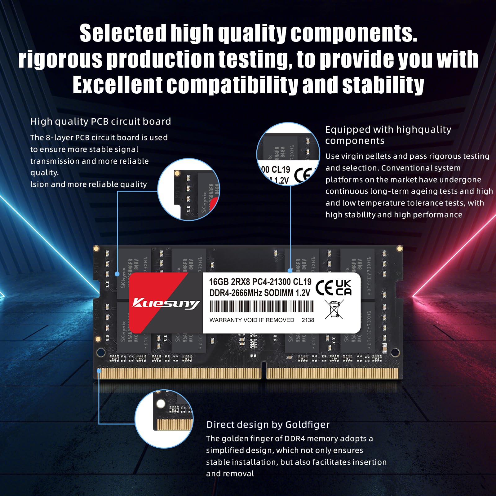 Kuesuny Ram DDR4 16GB Memoria para Laptop, 16GB DDR4 2666MHz PC4