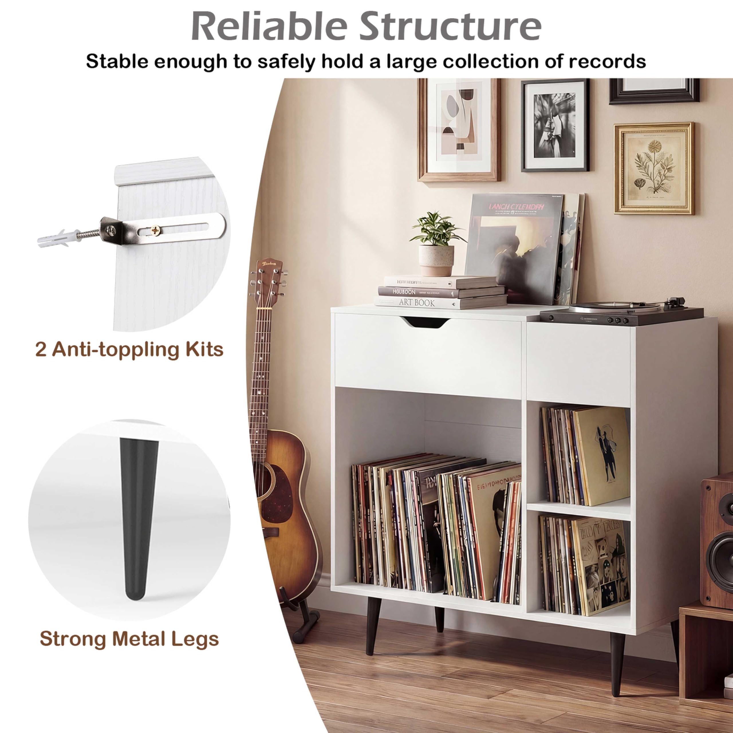 CASART Supporto per giradischi, grande supporto per giradischi con prese di corrente, divisori e gambe in metallo, tavolino portaoggetti per dischi in vinile, per soggiorno e camera da letto (bianco)