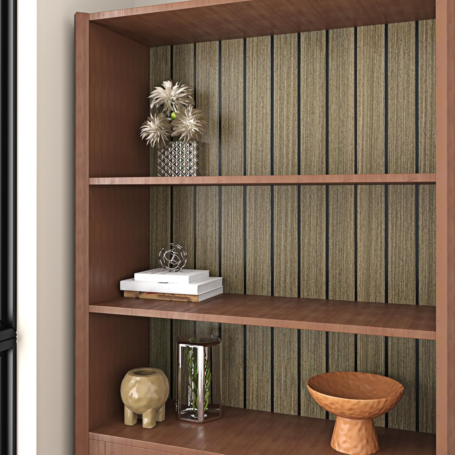 Vintage Brown Wood Slat Wall Panel Peel and Stick Acoustic Wall Panels for Bedroom Soundproof 3D Textured Wood Grain Slat Wallpaper Removable Foam Paneling for Living Room Ceiling 23.6"x118"