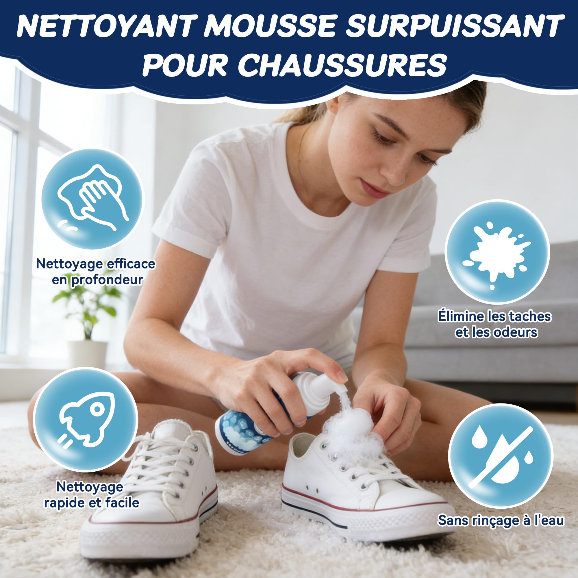 Nettoyant Chaussure, kit nettoyage chaussure blanc pour baskets (200 ml) avec brosse et chiffon microfibre. Permet un nettoyage rapide et sans eau des chaussures en cuir, toile, maille, caoutchouc