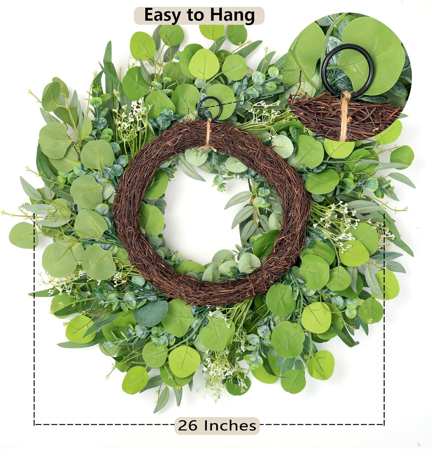 26'' Eucalyptus Wreath for Front Door Year Round, Large Handmade Green Moden Farmhouse Wreath for Home Decor Porch Window Holiday Indoor Outdoor - Image 4