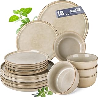 GBhome Geschirrset 6 Personen, 18-tlg Reaktive Glasur Handarbeit Steingut Geschirr Set, Mikrowellen- & Spülmaschinenfest Schüssel- und Teller Set, Cappuccino