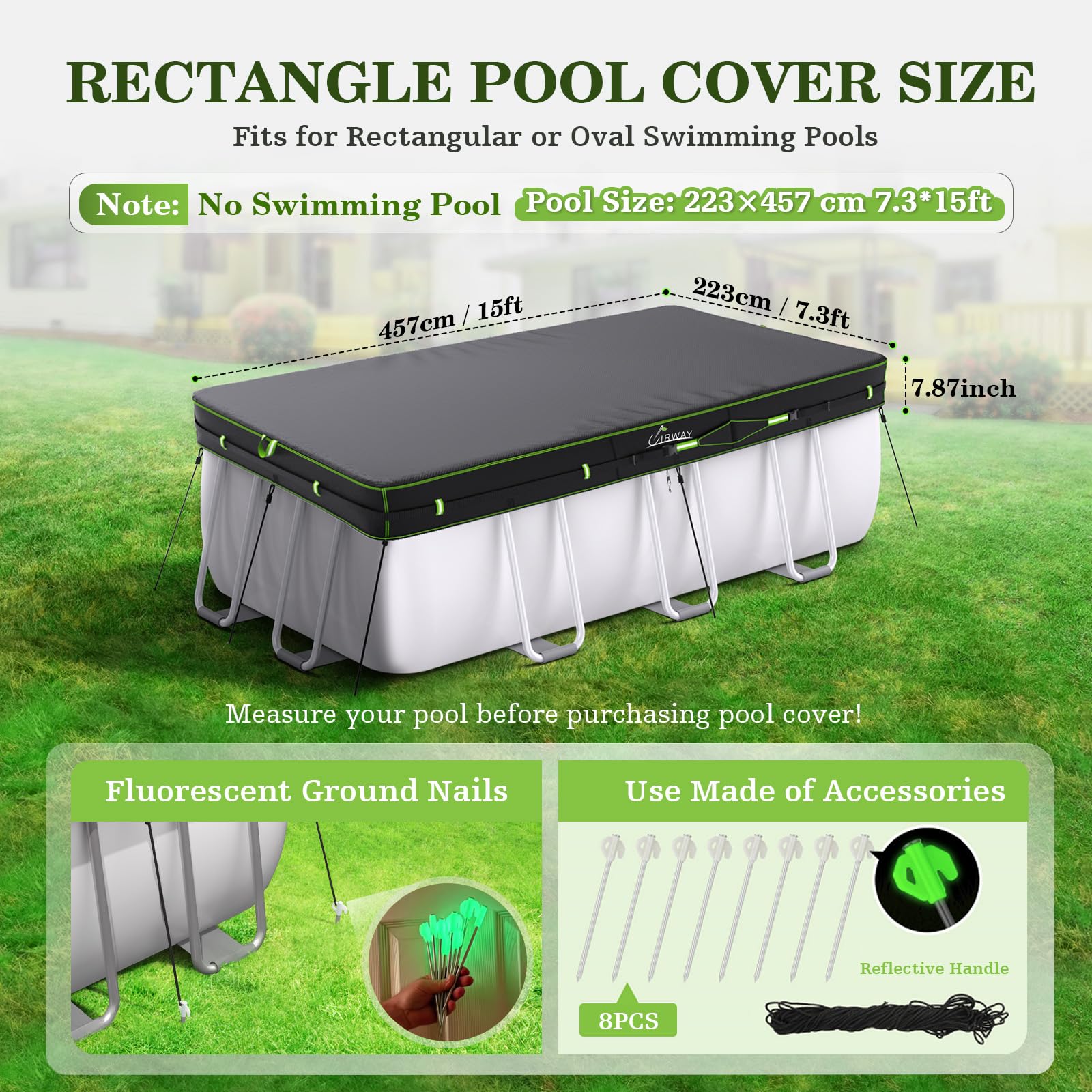 UIRWAY Bâche de piscine rectangulaire de 2,3 x 4,6 m avec bandes réfléchissantes pour piscine hors sol, bâche solaire avec attache de corde et clous lumineux au sol, couverture de piscine pour piscine