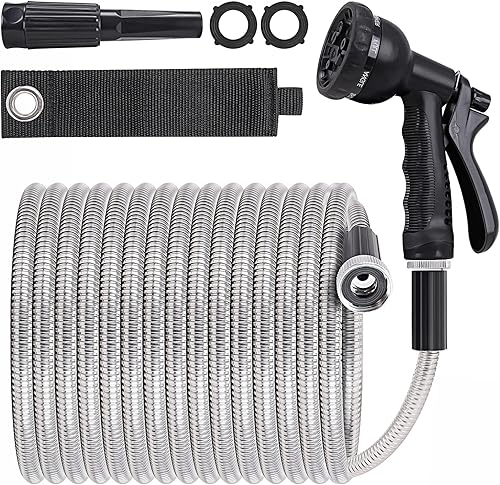 AMLEGEN Manguera de jardín de agua de metal de 100 pies, acero inoxidable resistente, rociador de 8 funciones y boquilla ajustable, ligera y