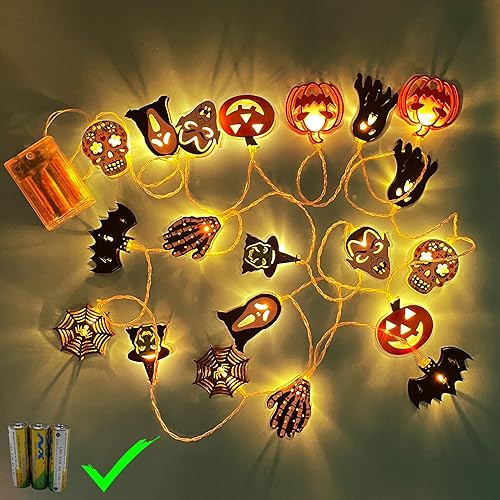 Luces de Halloween de 10 pies, 20 luces LED de calabaza, murciélago, araña, fantasma, Halloween, funciona con pilas, con flash, 10 elementos para