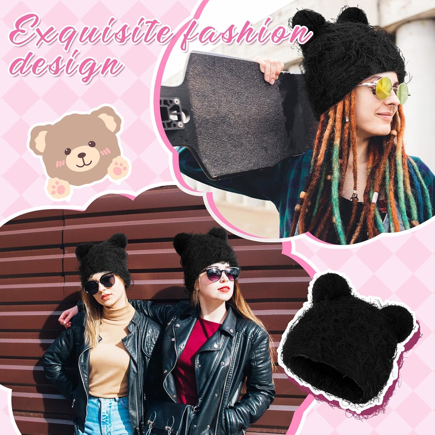 Cute Fuzzy Bear Ear Beanie Distressed Knitted Bear Beanie Y2K for Women Men Warm Furry Knitted Crochet Hat Thick Slouchy Black Bears Ears Hat for Winter Outdoor - Image 6