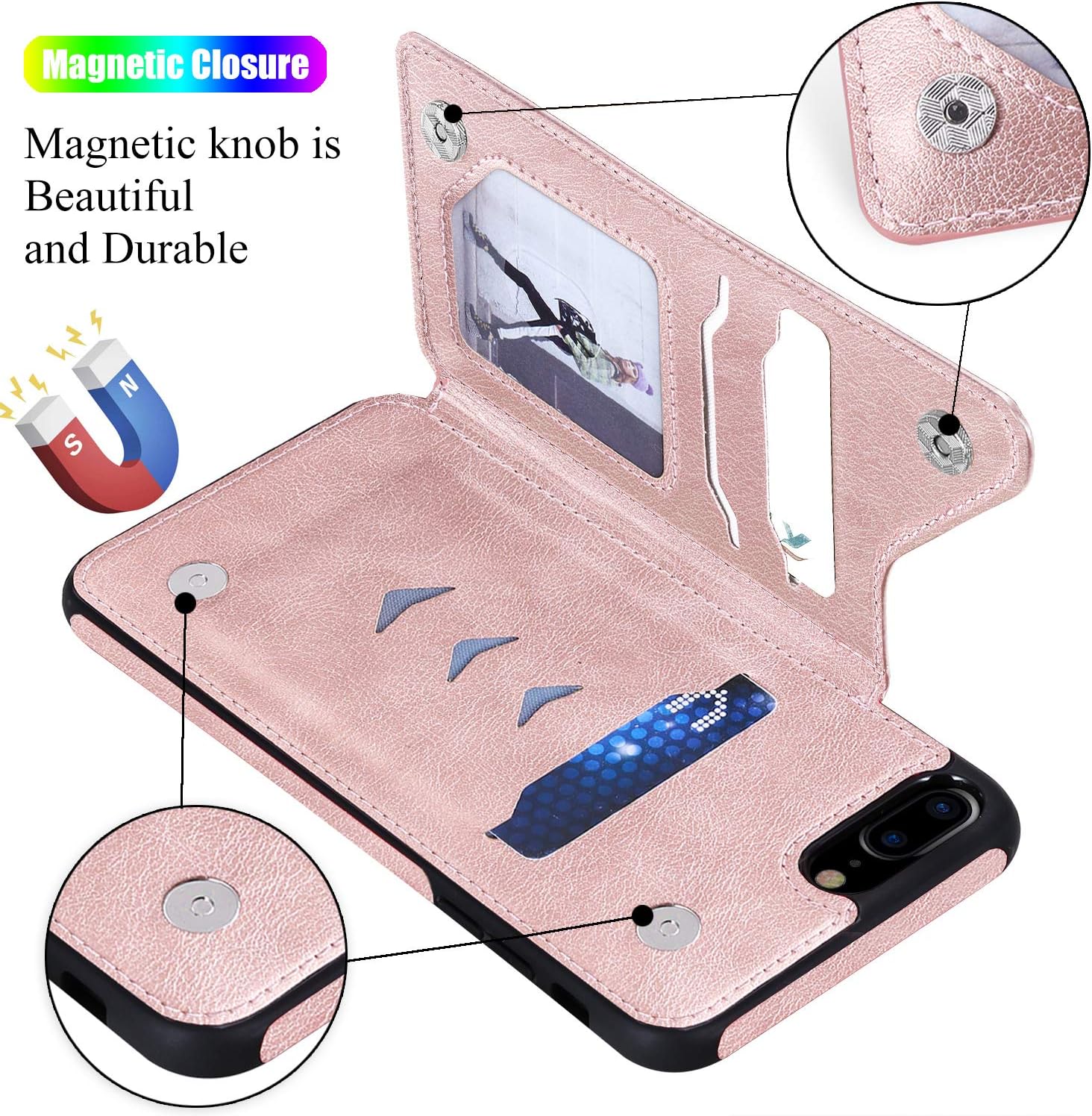iPhone 8 Plus Wallet Case,iPhone 7 Plus Case with Card Holder for Women,Vodico Durable Folio Flip Slim Fit Vintage Leather Wallet Back Magnetic Closure Cover with Credit Card Slots&Stand (Rose Gold)