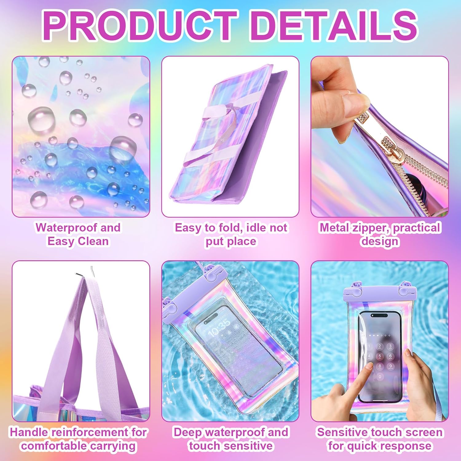 3 Pcs Waterproof Beach Bags Women Clear Iridescent Tote Bag Cosmetic Pouch for Phone Travel Beach Pool Essentials - Image 2