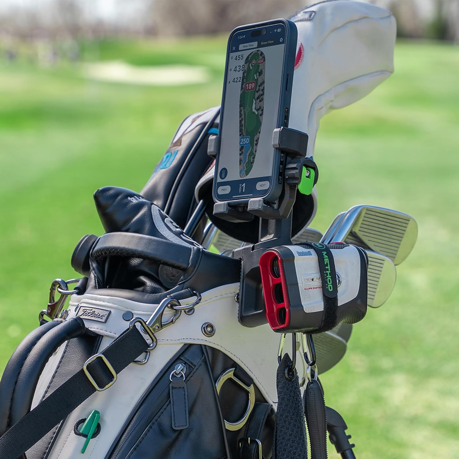 Method Golf CarryStack Pro Pack Golf Bag Phone Holder – Heavy Duty Magnetic Phone Mount for Most Smartphones with Magnetic RangeFinder Strap, MagStack Greenside Golf Towel and Premium Club Brush