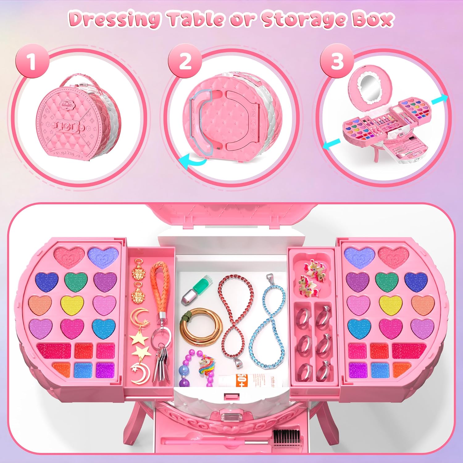 PERRYHOME Kids Makeup Kit for Girl, 59 Pcs Washable Real Cosmetic Set with Mirror, Non-Toxic Kids Makeup Set, Toddler Nail Polish Kit, Princess Makeup Toys & Birthday Gifts for 3-12 Years Old (Pink)