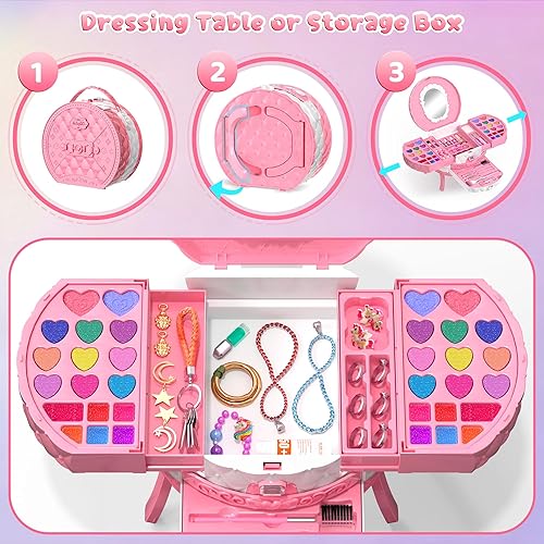 Vista 6 de PERRYHOME Kit de maquillaje infantil para niña, juego de cosméticos reales lavables con espejo, juego de maquillaje para niños no tóxicos, kit
