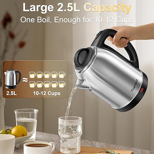Miniatura 4 de Topwit Hervidor eléctrico grande de 2.5 L, caldera de agua y calentador de acero inoxidable sin BPA, hervidor de té eléctrico de hervir rápido,