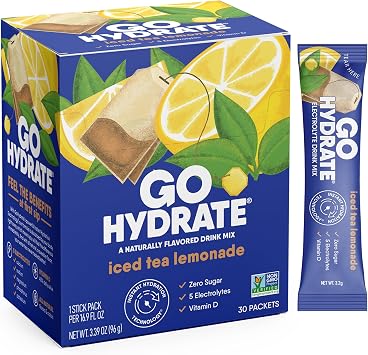 GoHydrate Sugar Free Electrolytes Powder - Iced Tea Lemonade, 30 Packs | Low sodium instant hydration daily drink mix; water flavor packet singles with Vitamin D