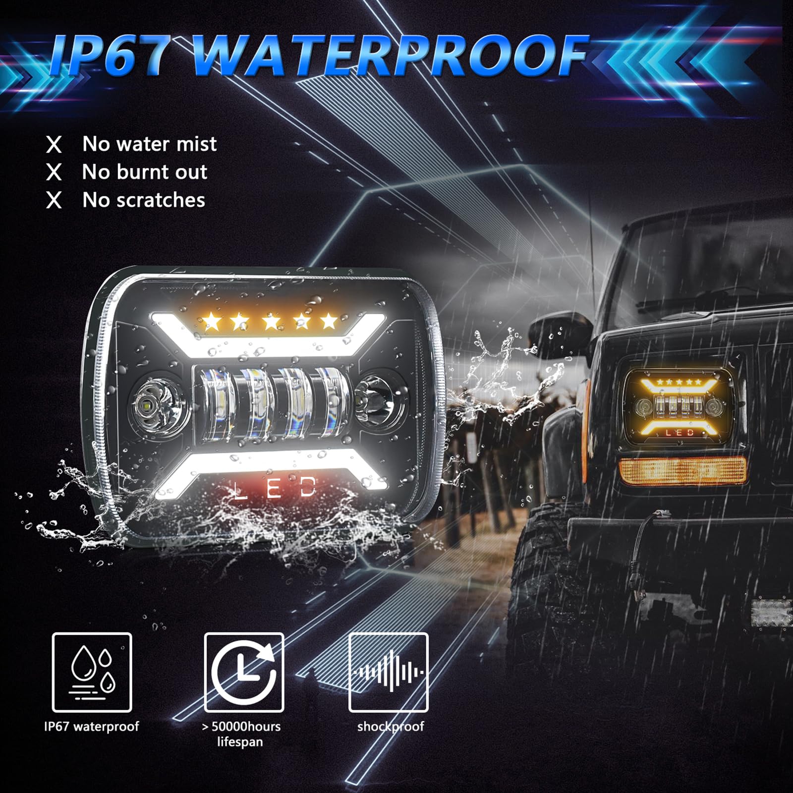 Fari A LED Rettangolari 7 Pollici Per Jeep Wrangler Cherokee - Abbaglianti/anabbaglianti, DRL, Frecce Ambra, IP68, Alluminio Pressofuso