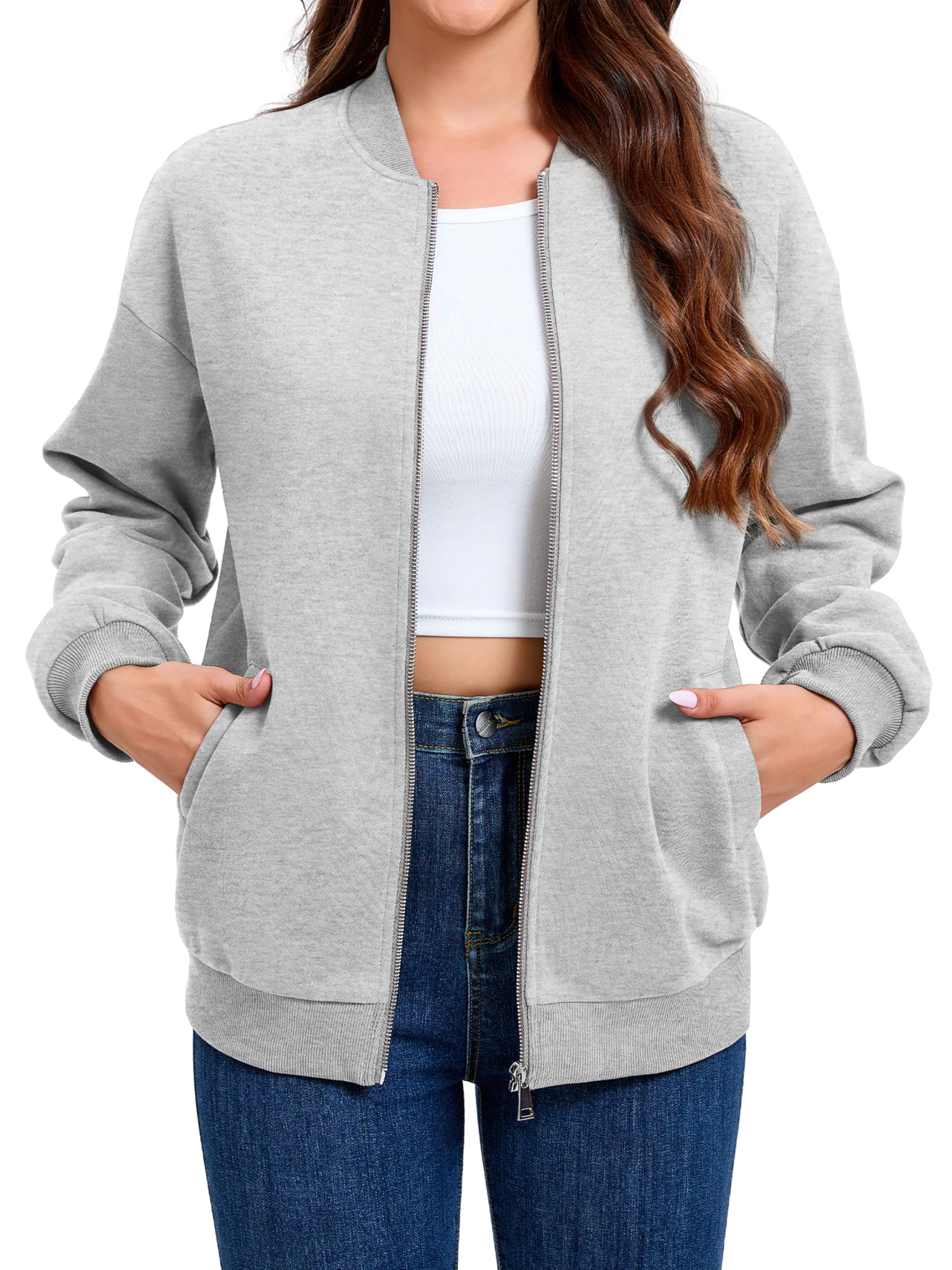Timuspo Sudadera con cremallera para mujer, informal, chaqueta de entretiempo, chaqueta de primavera y otoño, chaqueta con cuello universitario, chaqueta bomber de color liso