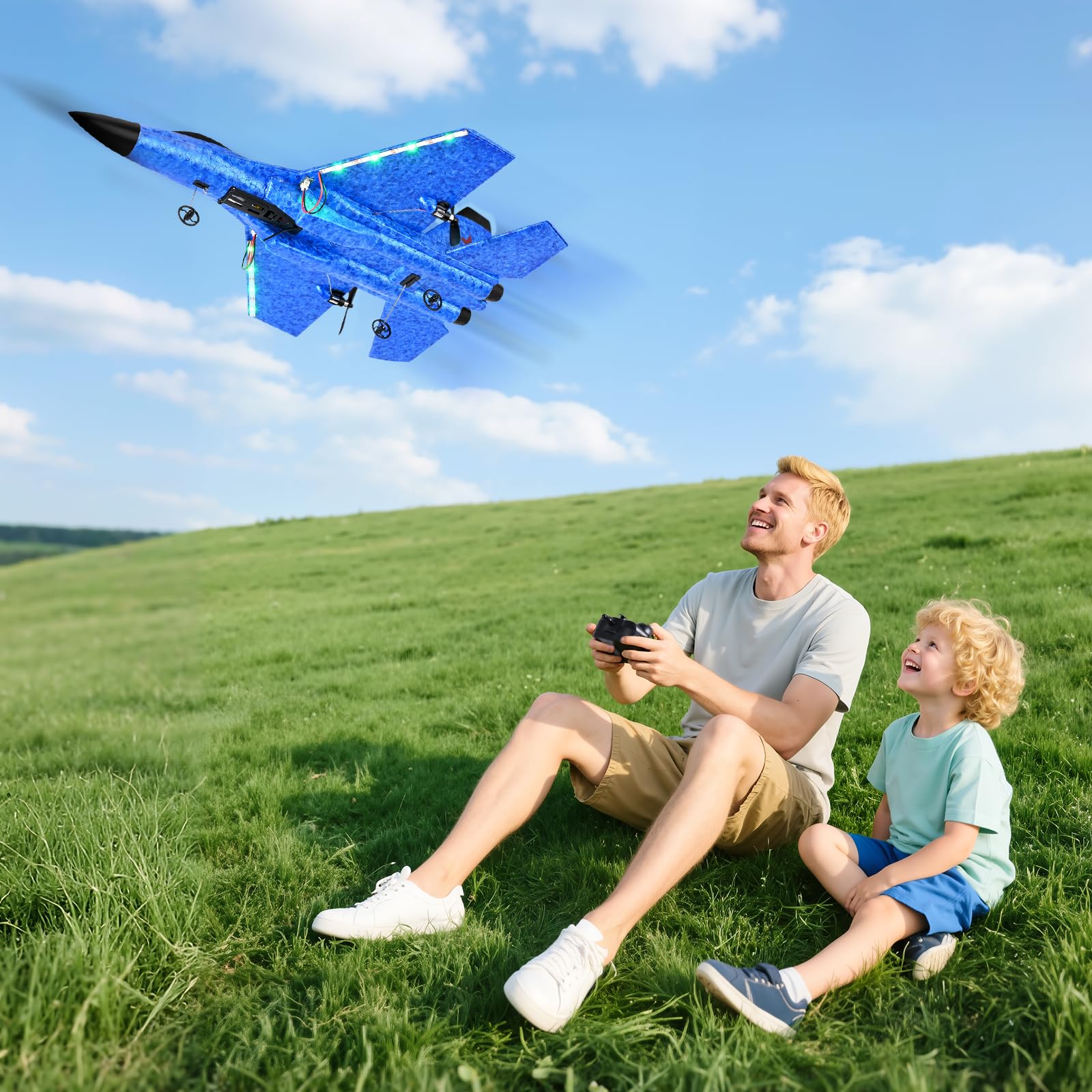 Avión Teledirigido, Avión RC 2.4GHz Avións Control Remoto Niño, Luces LED de Colores, para Niños y Principiantes, estabilizador giroscópico de 3 Ejes de Control Remoto,Azul