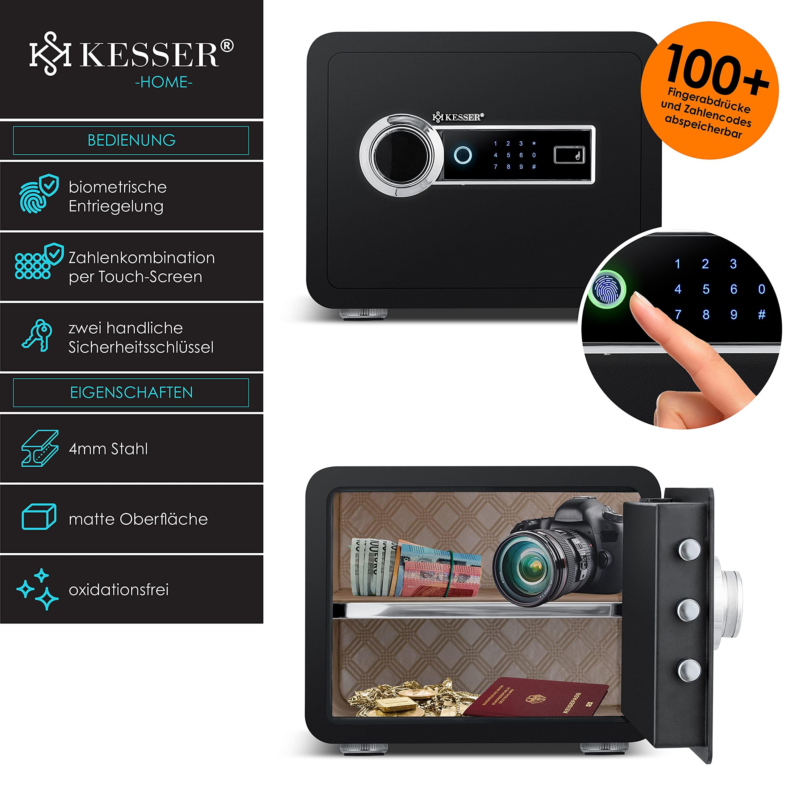 KESSER® Coffre-fort électrique avec empreinte digitale | 38x30x30cm | Boîte à piles incluse | Coffre-fort électronique 3x double verrouillage à boulons - Noir - L