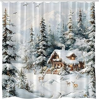 Winter Forest Snow Scence Shower Curtain Deer Cabin Farmhouse Rustic Christmas Elk Fantasy Wonderland New Year Holiday Hunting Bathroom Curtains Set Polyester Fabric with Hooks 70X70 Inch