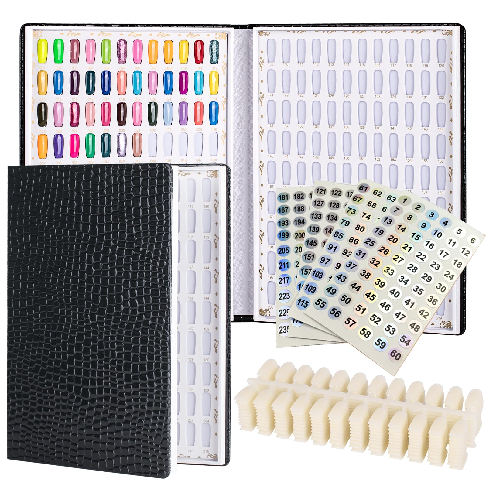 Acycoin2A Professional 216 Nail Colors Chart Dip Powder Card with 240 Tips and Nail Polish Number Sticker Label
