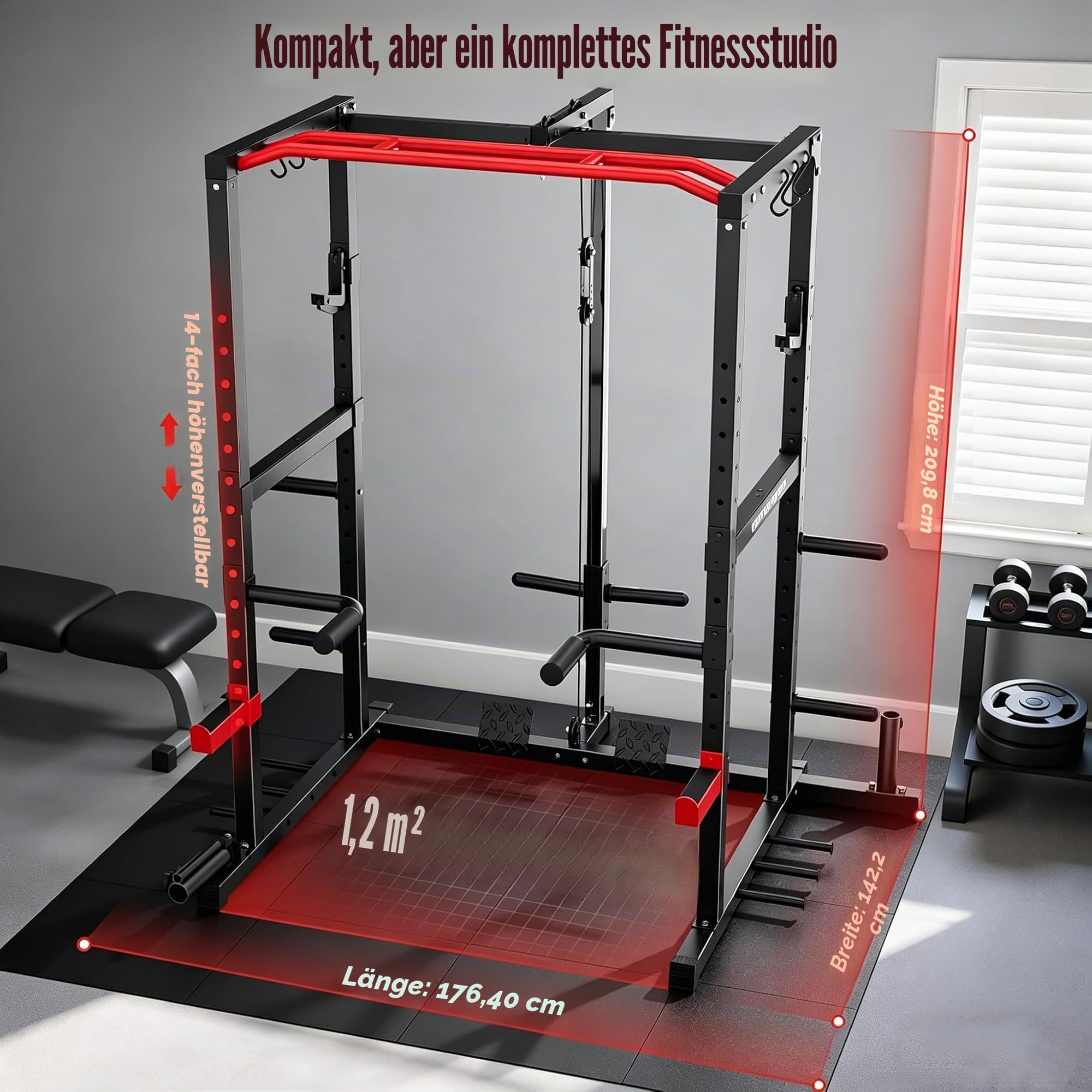 Sportsroyals Power Rack, multifunktionaler Power-Käfig mit LAT-Pulldown-Riemenscheibensystem, Kniebeugenständer mit mehr Trainingsaufsätzen für Zuhause, Fitnessstudio, 544 kg Tragkraft, Rot