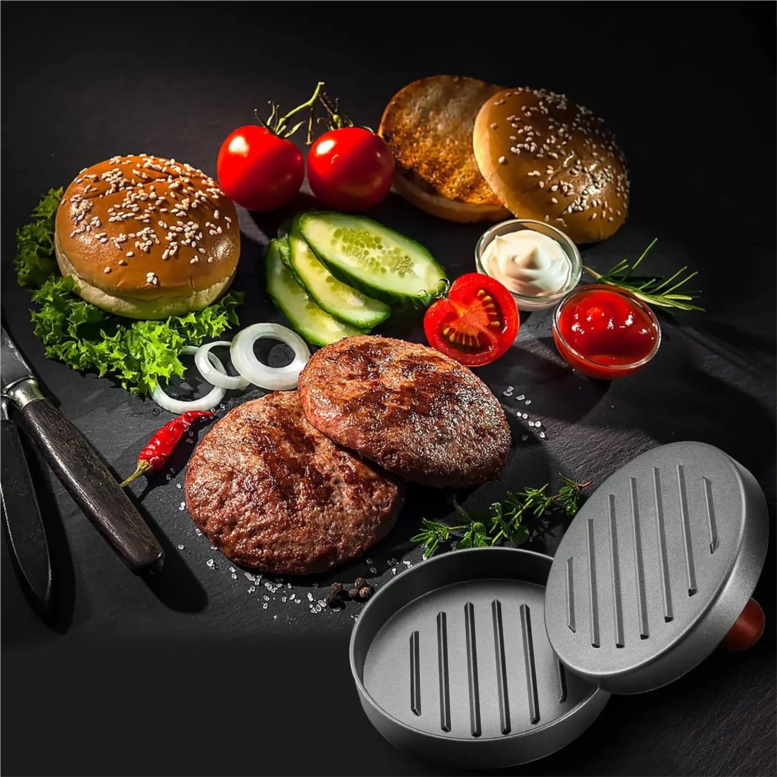 Hamburger-Patty-Maker, Burgerpresse Patty Maker Edelstahl Hamburgerform Holzgriff antihaftbeschichtet mit 100 Papieren