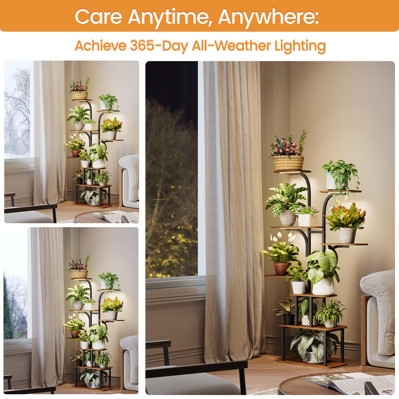 GoTiling Pflanzenregal Indoor mit LED Grow Light, 160cm Hoch 8 Etagen Blumenregal Metall & Holz, Mehrstöckiger Pflanzenständer für Wohnzimmer, Balkon, Fensterbank, Blumentöpfe & Kräuter