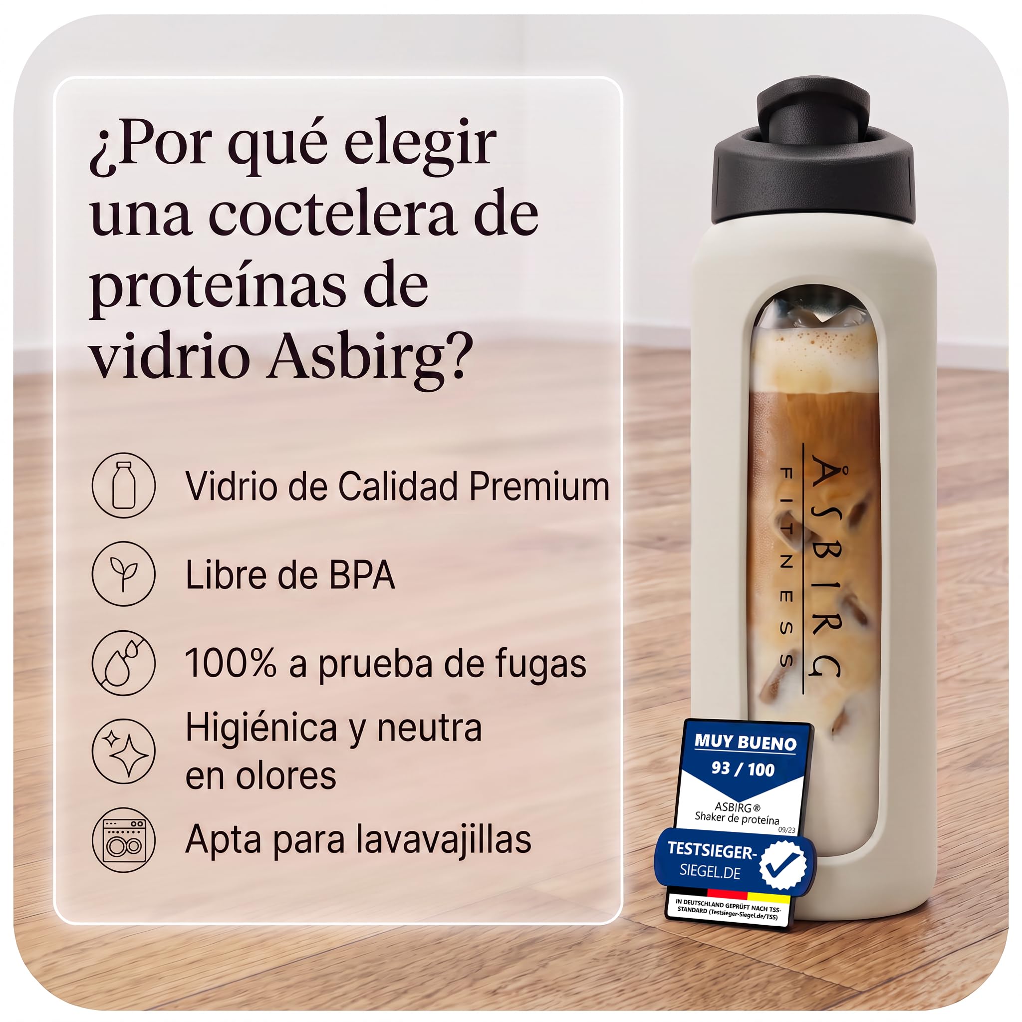 Pack de 3 mezcladores de proteínas de cristal Violeta, verde pastel y beige – Sin BPA, sabor neutro - Con bola espiral