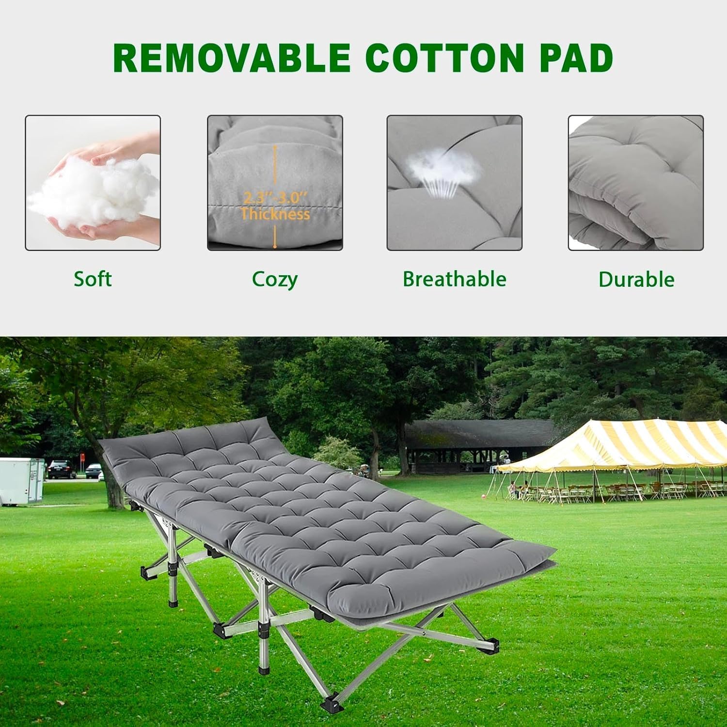 Folding Camping Cot for Adults, Heavy Duty Portable Sleeping Cot with Mattress and Carry Bag, 1200D Double Layer Oxford Fabric
