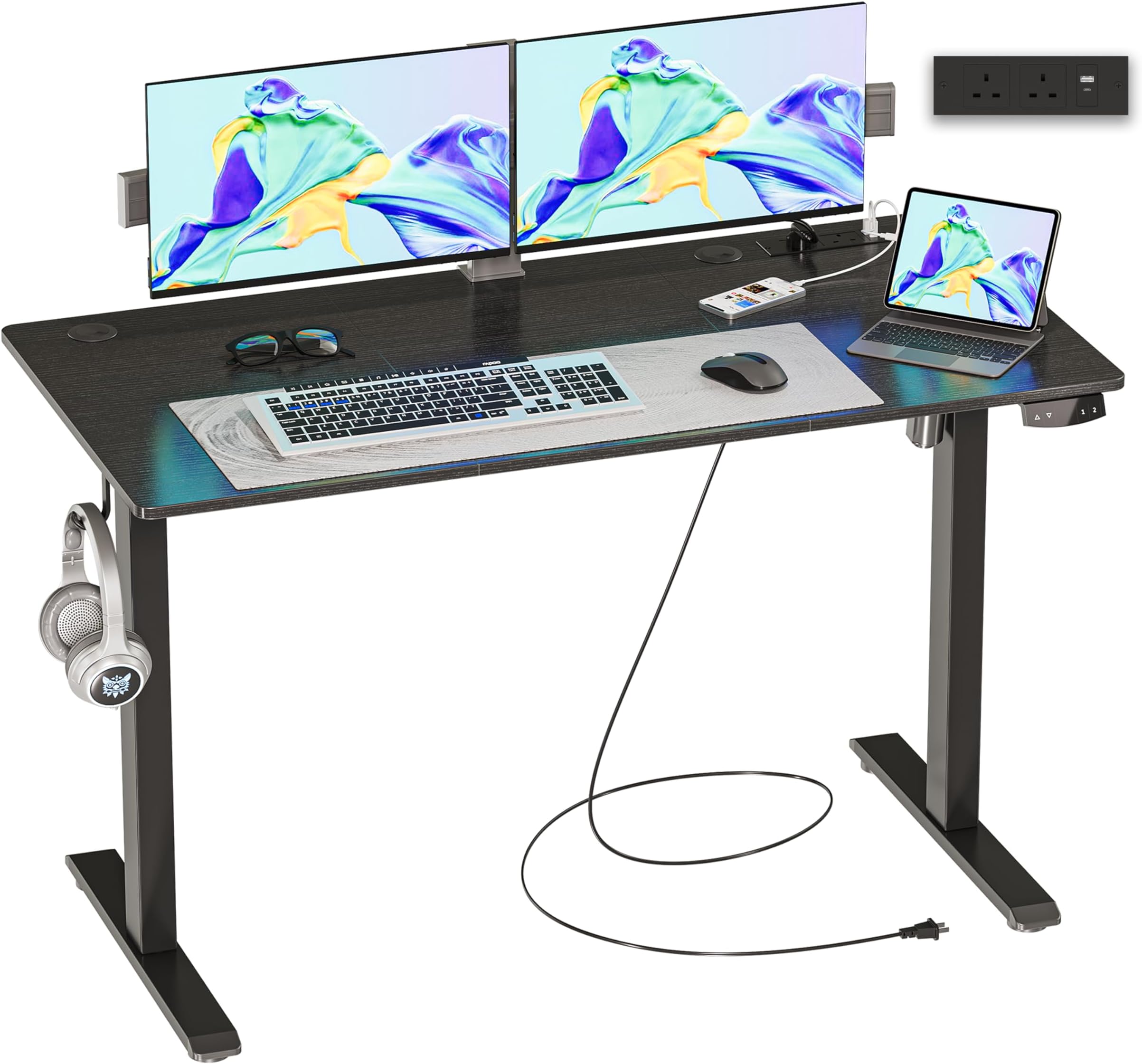 JOISCOPE Height-Adjustable Desk, Memory Height, Standing Desk, with Outlets and USB & Tpye-C and Side Hook, Ideal for Office Desk and Home Desk, 120 x 60 cm, Black
