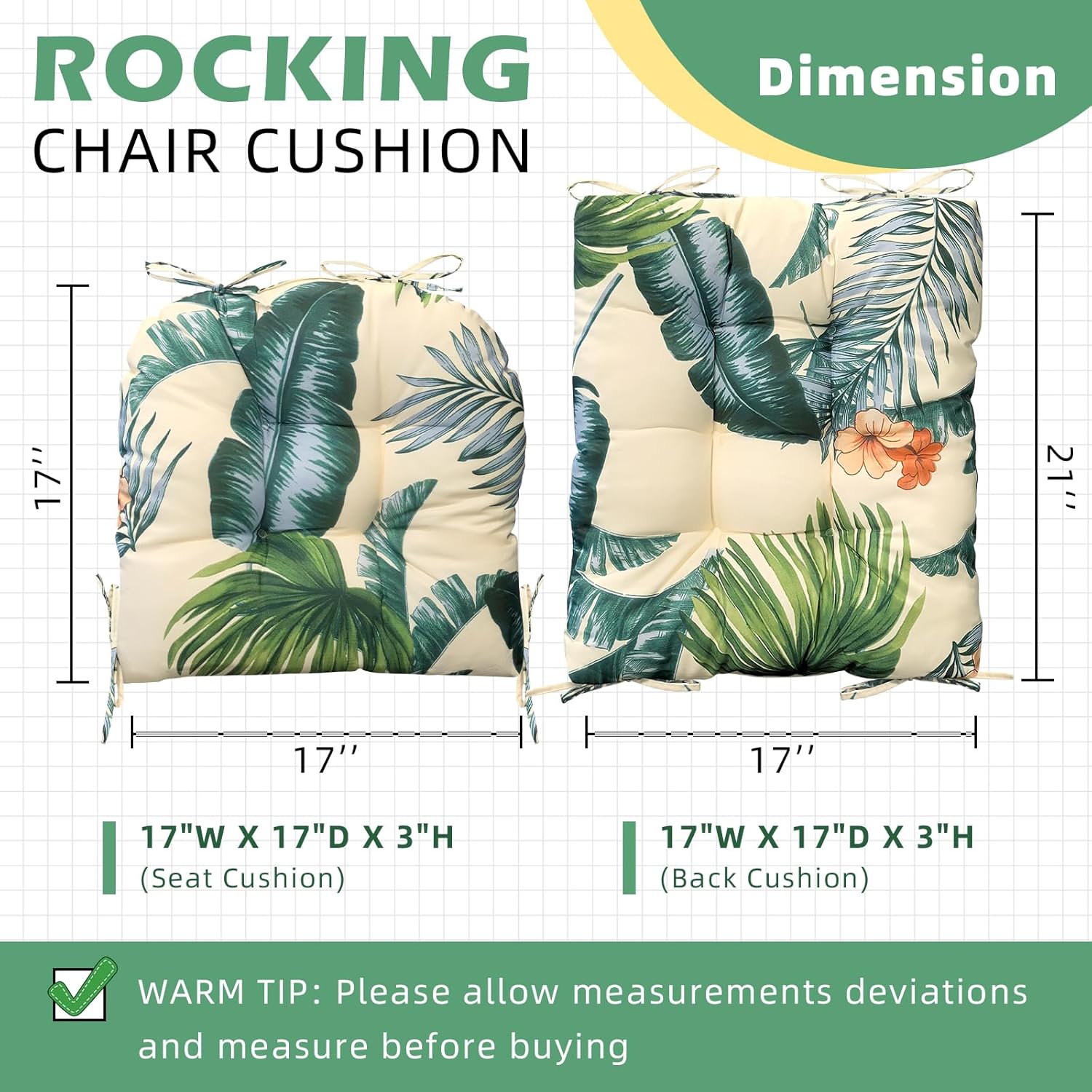 Patio Rocking Chair Cushion Outdoor Indoor Floral Chair Cushions Replacement for Porch Chairs Waterproof Seat Pads Blue Grey