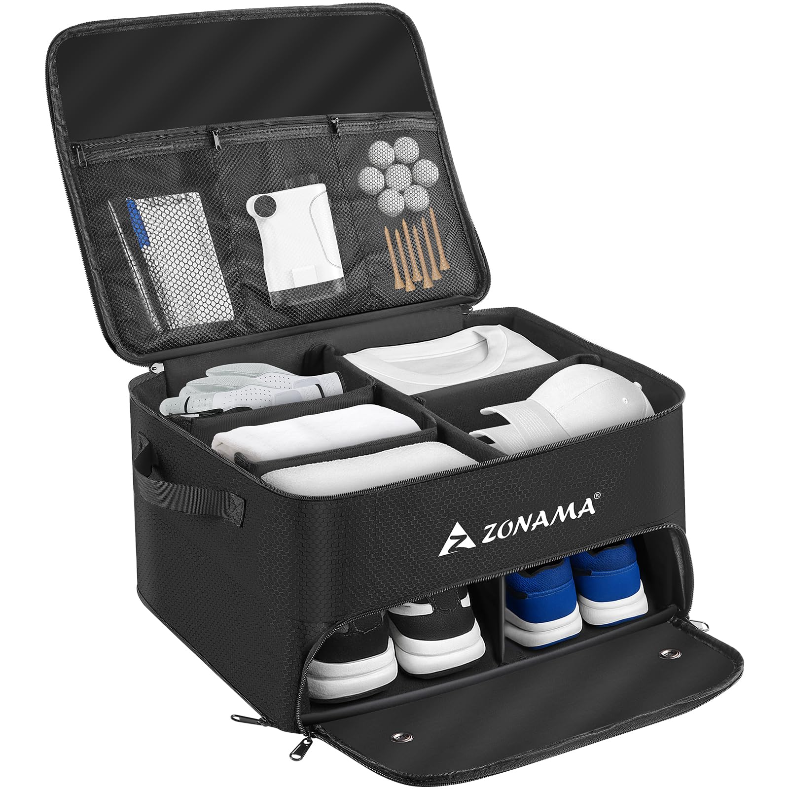 Z ZONAMA Golf Trunk Organizer, 3 Layers Car Trunk Golf Locker, Waterproof, with Separate Compartment, Storage for 2 Pairs of Golf Shoes, Balls, Clothes, Accessories, Golf Gift for Men Women (Black)